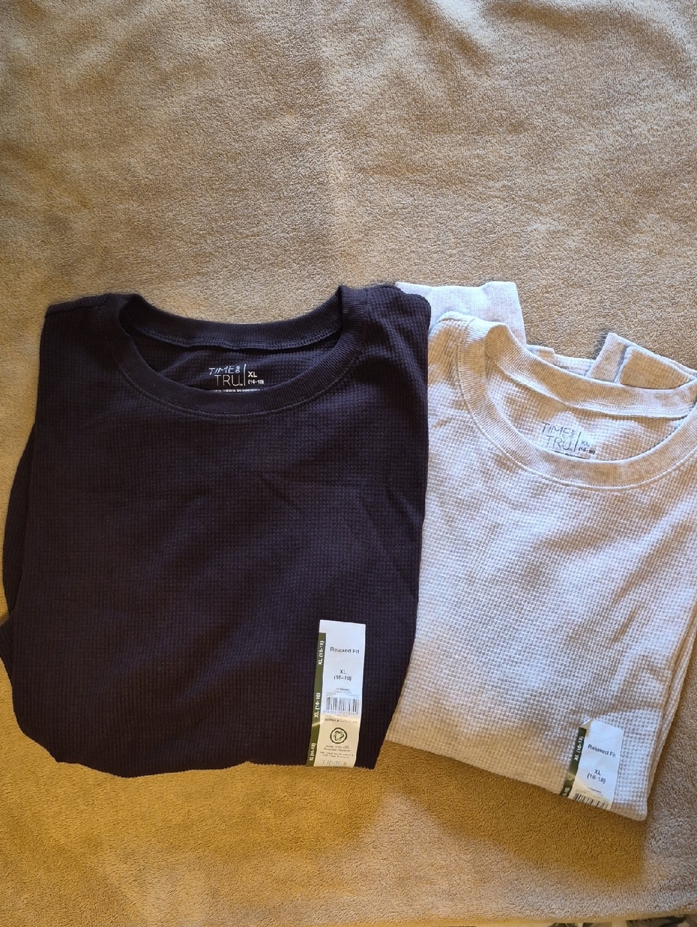 NWT Time & Tru Womens Waffle Thermal Crewneck Long Sleeve - Dark Brown & Tan XL
